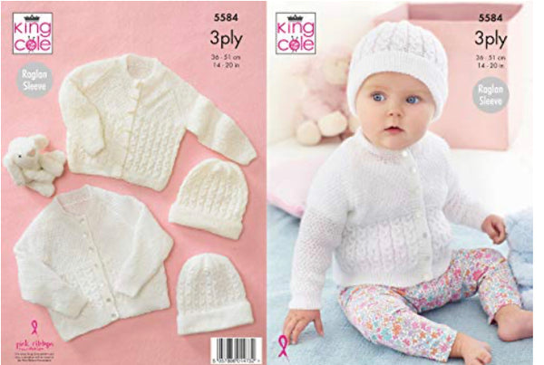 King Cole 5584 Cardigan and Hat in Big Value Baby 3 Ply Knitting Pattern