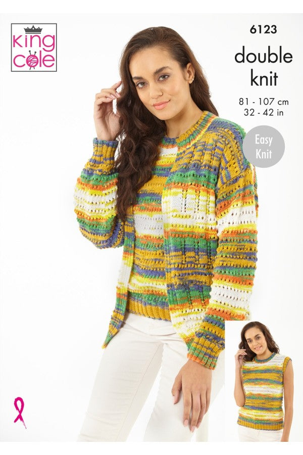 King Cole 6123 Sweater, Cardigan and Tank Top in Tropical Beaches DK Knitting Pattern