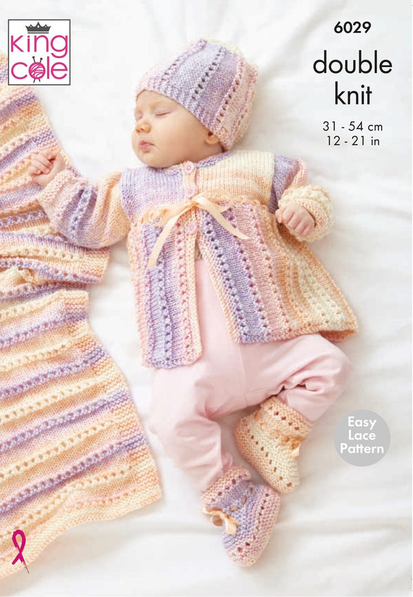 King Cole 6029 Cardigan, Matinee Coat, Hat, Bootees and Blanket in Cutie Pie DK Knitting Pattern