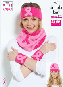 King Cole 1006 Pink Ribbon Headbands, Wristbands and Cowl in Big Value DK and Cottonsoft DK Crochet Pattern