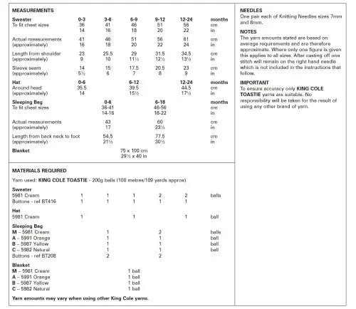 King Cole Toastie Super Chunky Chenille Baby Pattern