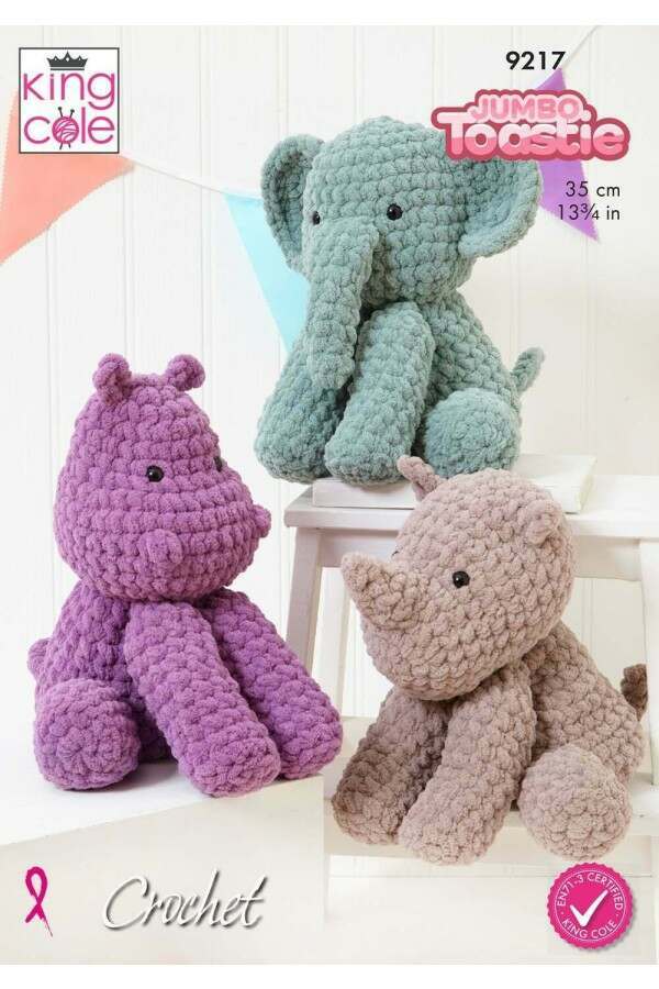 King Cole 9217 Elephant, Hippo and Rhino Toys in Jumbo Toastie (leaflet) Crochet Pattern