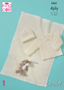 King Cole 5561 Baby Jacket, Hat and Blanket in Big Value Baby 4 Ply Crochet Pattern