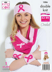 King Cole 1006 Pink Ribbon Headbands, Wristbands and Cowl in Big Value DK and Cottonsoft DK Crochet Pattern