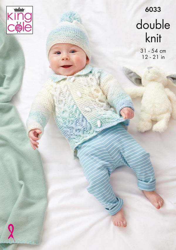 King Cole 6033 Jacket, Sweater, Cardigan and Hat in Cutie Pie DK Baby Knitting Pattern