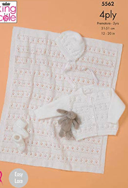 King Cole 5562 Babies Cardigan, Bonnet, Bootees and Blanket in Big Value Baby 4 Ply Knitting Pattern