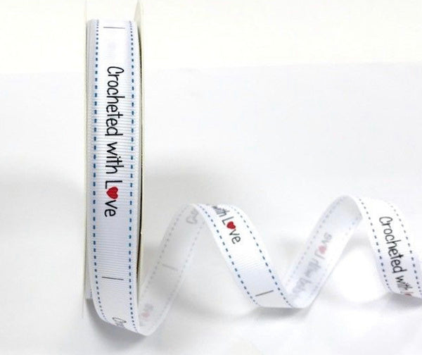 Crocheted With Love Print 16mm White Grosgrain Ribbon x 3 mtrs