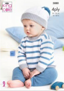 5880 King Cole Babies Sweater, Hoodie, Trousers and Hats in Cotton Socks 4 Ply Knitting Pattern