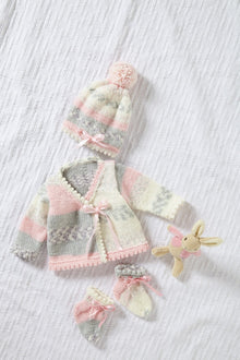 King Cole 6046 Pinafore Dress, Cardigan, Hat and Slipper Socks in Cosy Love Aran Knitting Pattern