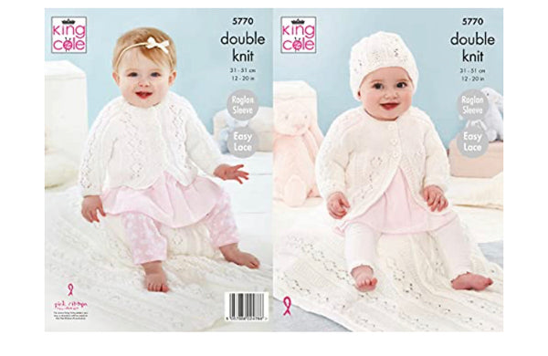 5770 King Cole Cardigan, Matinee Jacket, Hat & Blanket in Baby Safe DK Knitting Pattern