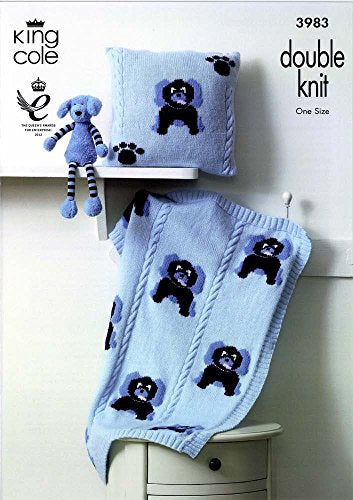 3983 King Cole Baby Blanket and Cushion With Dog Pattern, Double Knitting/8Ply Knitting Pattern