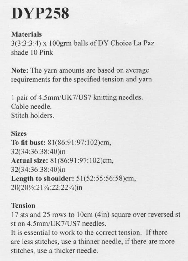 DYP258 Ladies Roll Neck Sleeveless Cable Top Knitting Pattern