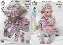 4011 king Cole Prem - 12 months Baby Cherish Cardigan, Dress, Hat & mittens Double Knitting Pattern