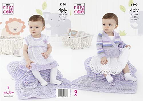 5390 king Cole Baby 4ply Cardigan, Pinafore Dress & Blanket Knitting Pattern