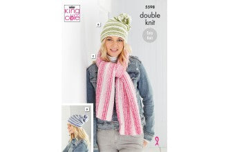 5598 King Cole Ladies Stripe DK Bobble Hat & Scarf Knitting Pattern