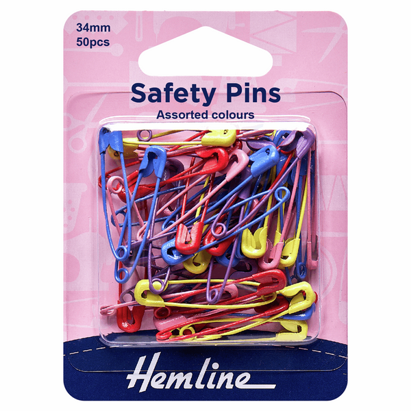 Hemline Safety Pins: 34mm: Assorted Colours: 50 Pieces