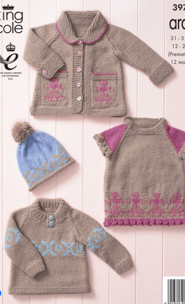 3974 king Cole Baby Swing Coat, Dress, Sweater and Hat in Comfort Aran Knitting Pattern