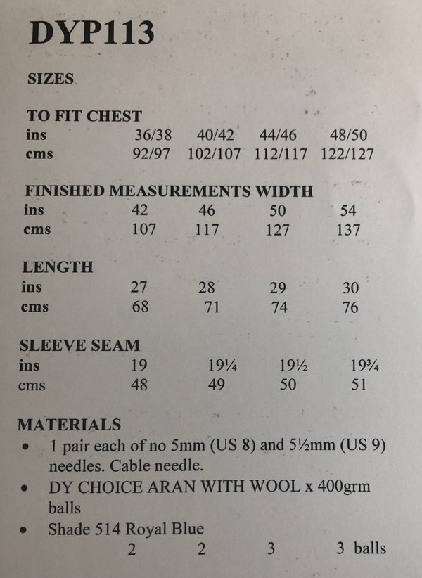 DYP113 Men’s Aran Knitting Pattern