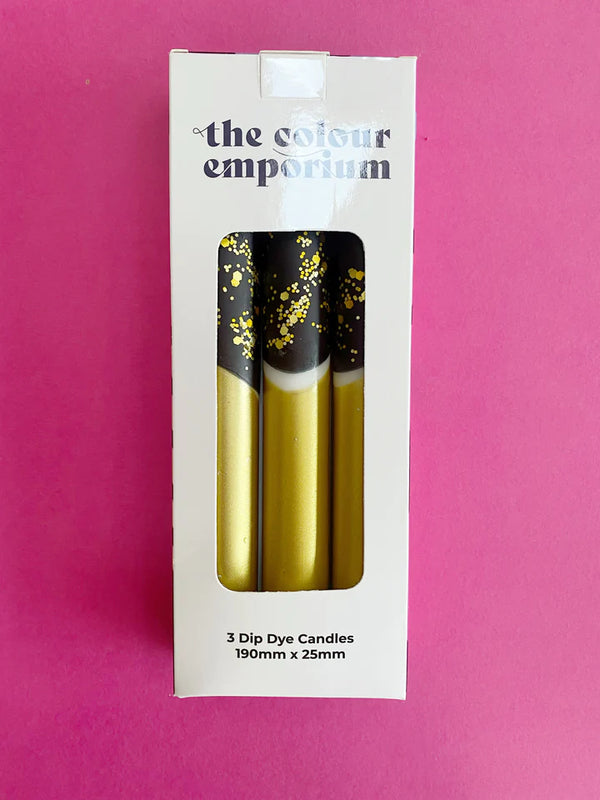 BLACK AND GOLD Dip Dye Dinner Candle Trio Set