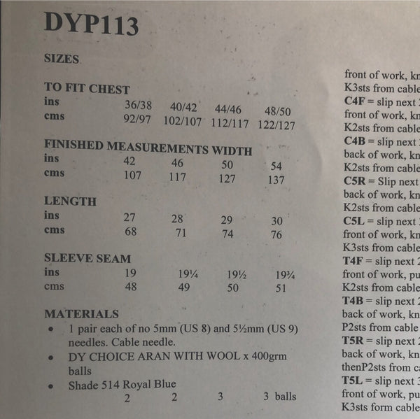 DYP113 Men’s Aran Knitting Pattern