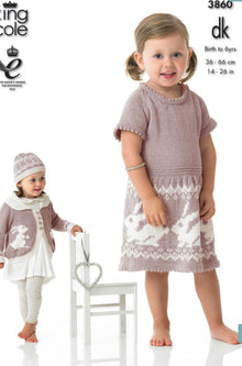 3860 King Cole Girls Dress, Cardigan, Hat and Blanket in Bamboo Cotton DK/8Ply Knitting Pattern