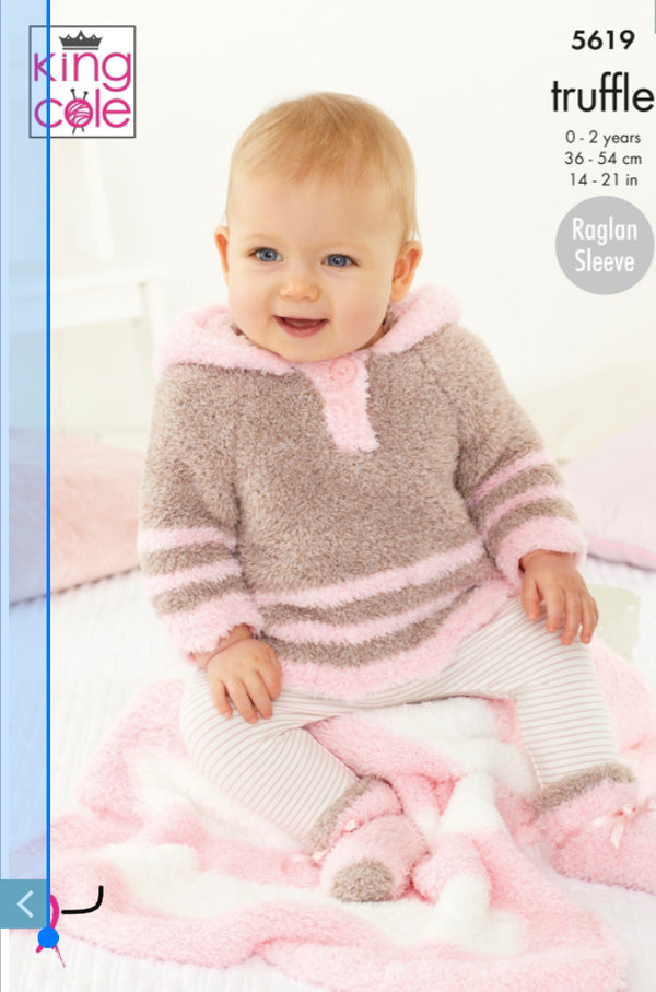 5619 King Cole Pram Blanket, Cardigan, Hooded Top, Hat & Socks: Knitted in Truffle Double Knitting Pattern