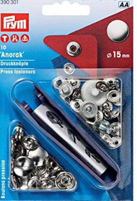 Prym 15mm non-sew Arorak fasteners, Size 15mm, Pack of 10, Silver