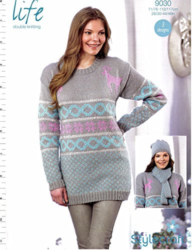 9030 Stylecraft Ladies Christmas Sweater, Hat and Scarf Double Knitting Pattern