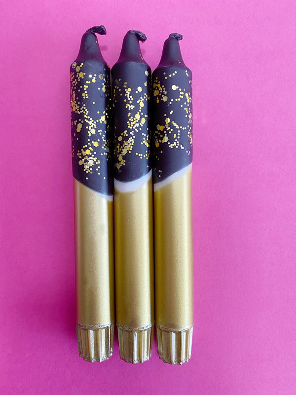 BLACK AND GOLD Dip Dye Dinner Candle Trio Set