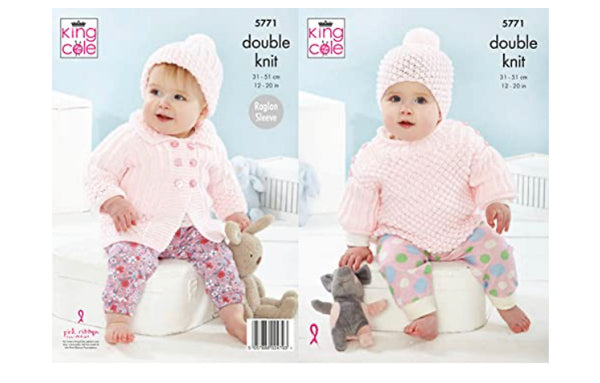 5771 King Cole Coat, Top & Hat in Baby Safe DK Knitting Pattern