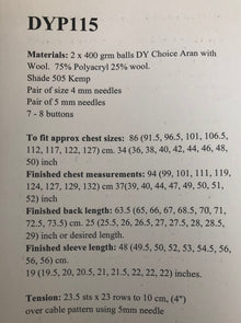 DYP115 Men’s Aran Cardigan Knitting Pattern