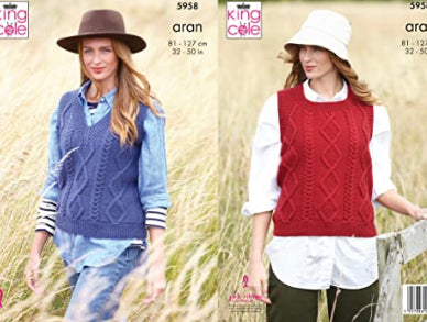 5958 King Cole Womens Round and V Neck Tank Tops in Wool Aran Knitting Pattern