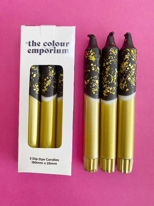 BLACK AND GOLD Dip Dye Dinner Candle Trio Set