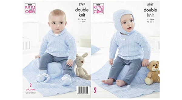 5767 King Cole Sweaters, Hat, Bootees & Blanket in Baby Safe DK Knitting Pattern