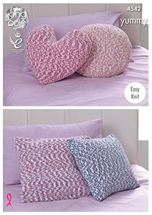 4542 king Cole Yummy Chunky Heart, Square and Round Cushion knitting Pattern