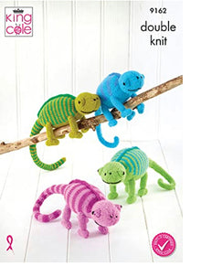 9162 King Cole Double Knit DK Knitting Pattern to Knit Chameleon Soft Toys in 2 Sizes (9162)