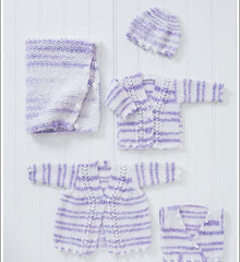 5701 King Cole Matinee Coat, Cardigan, Crossover Waistcoat, Hat and Bootees in Baby Stripe DK Knitting Pattern